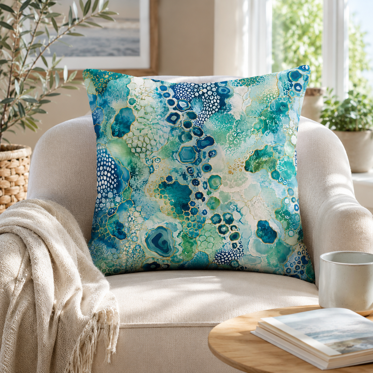 An abstract emerald green and gold decorative throw pillow resting on a modern cream-colored accent armchair, with a cozy knit blanket draped over the side and a sunlit window in the background.