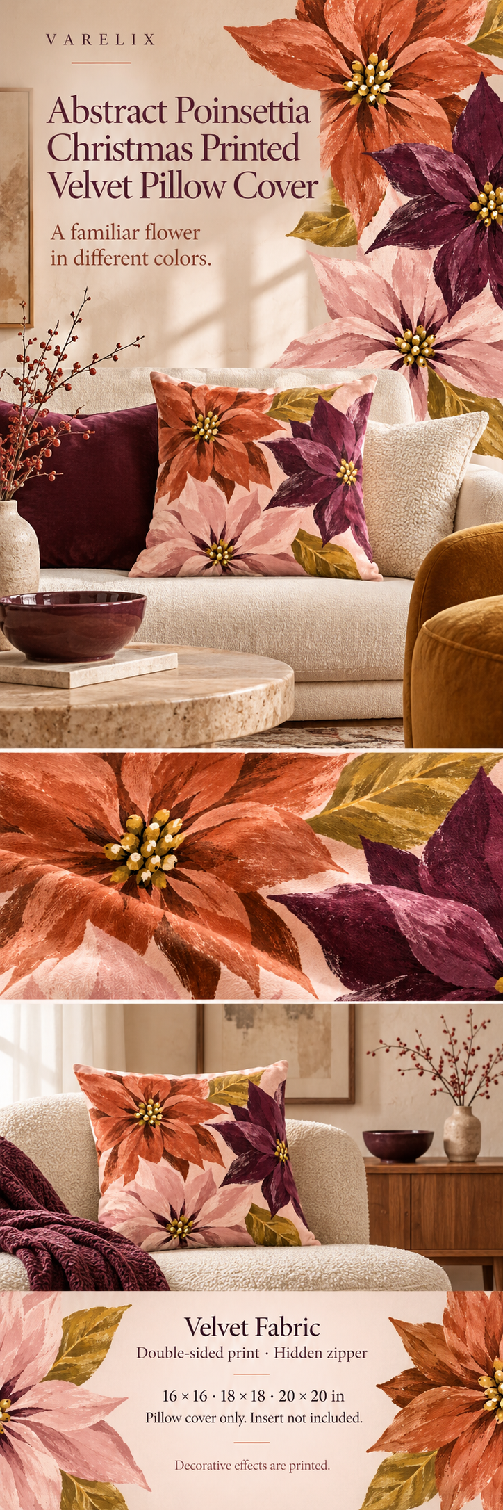 Abstract Poinsettia Christmas Printed Velvet Pillow Cover by VARELIX, A+ detail poster with verified material, sizes and included items.