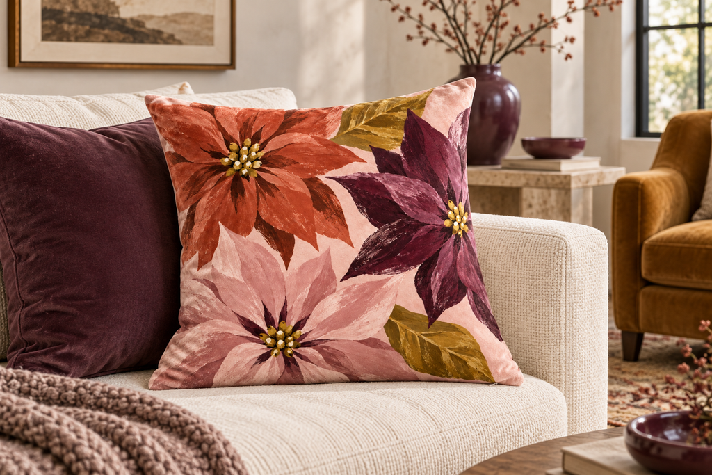 Abstract Poinsettia Christmas Printed Velvet Pillow Cover, lifestyle view 2: A prominent single pillow on a sofa beside one plain solid-colored cushion; medium interior composition, product fills at least 40 percent of frame.