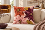 Abstract Poinsettia Christmas Printed Velvet Pillow Cover, lifestyle view 3: Centered in front of plain pillows on a neatly made guest bed; eye-level composition, believable 18-inch pillow scale.