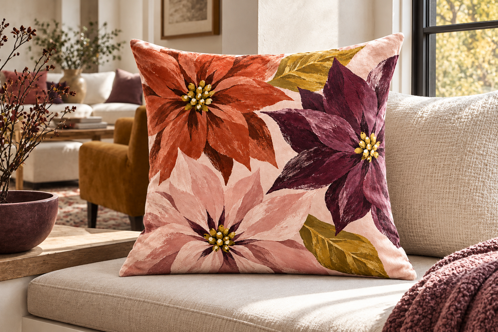 Abstract Poinsettia Christmas Printed Velvet Pillow Cover, lifestyle view 4: Close editorial view on an indoor window bench, full pillow and all edges visible, gentle side light reveals the real textile texture.