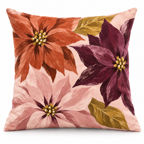 Abstract Poinsettia Christmas Printed Velvet Pillow Cover on a white background, showing the complete printed design.