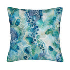 A square decorative throw pillow cover isolated on a pure white background, featuring a vibrant modern abstract design of fluid ink and alcohol art mimicking natural agate geode textures with shimmering gold veins.