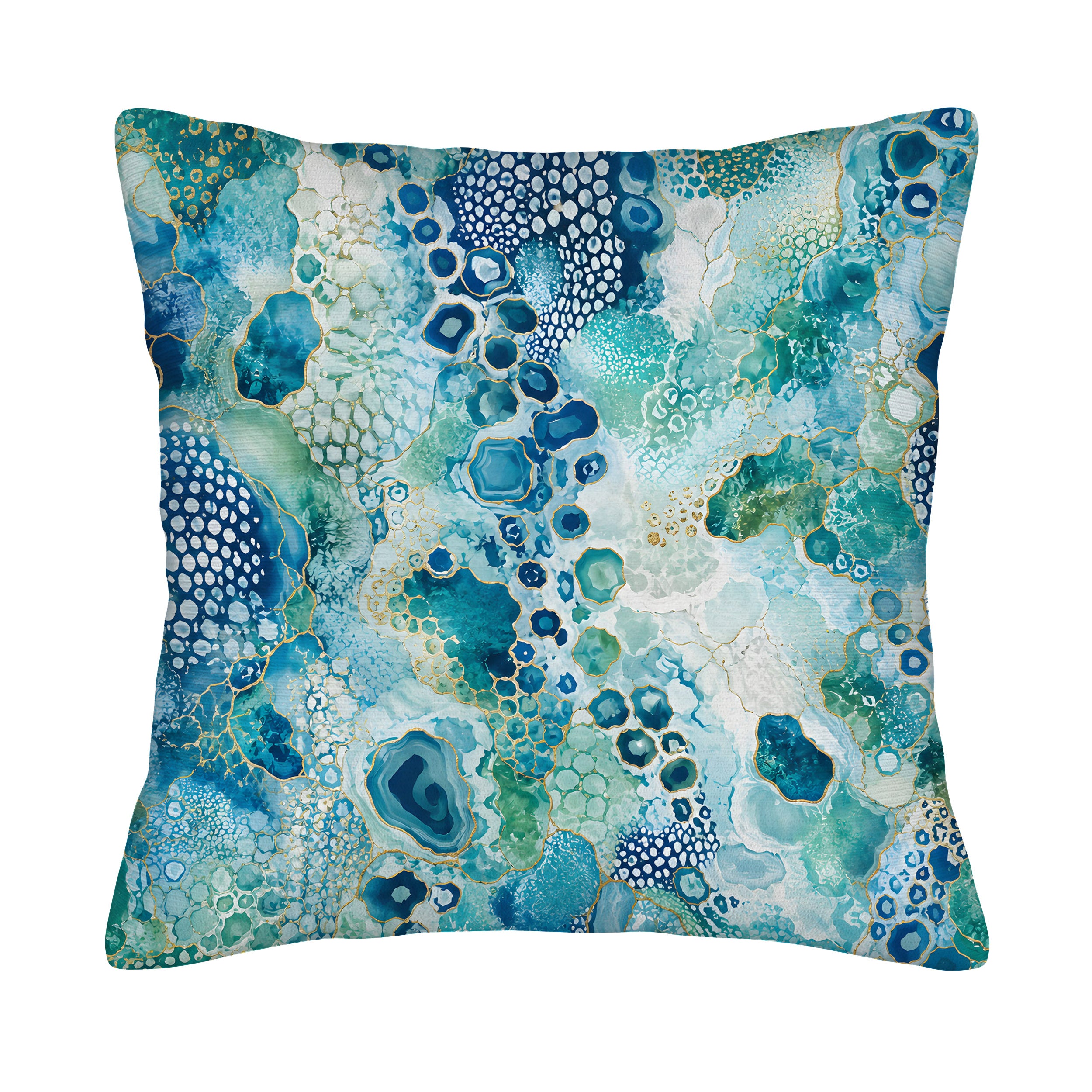 A square decorative throw pillow cover isolated on a pure white background, featuring a vibrant modern abstract design of fluid ink and alcohol art mimicking natural agate geode textures with shimmering gold veins.