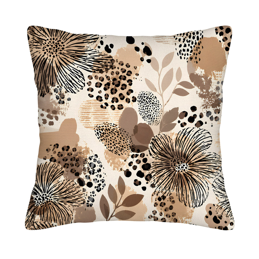 A square decorative throw pillow cover isolated on a pure white background, featuring a modern abstract design with hand-drawn wildflowers, tropical leaves, and leopard spots in a warm palette of beige, tan, terracotta, and black.
