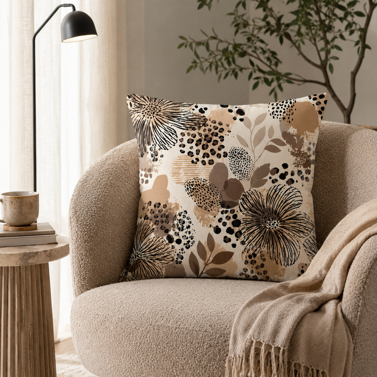 A stylish abstract wildflower and leopard pattern throw pillow resting on a beige bouclé armchair, paired with a modern black standing floor lamp and a rustic wooden side table.