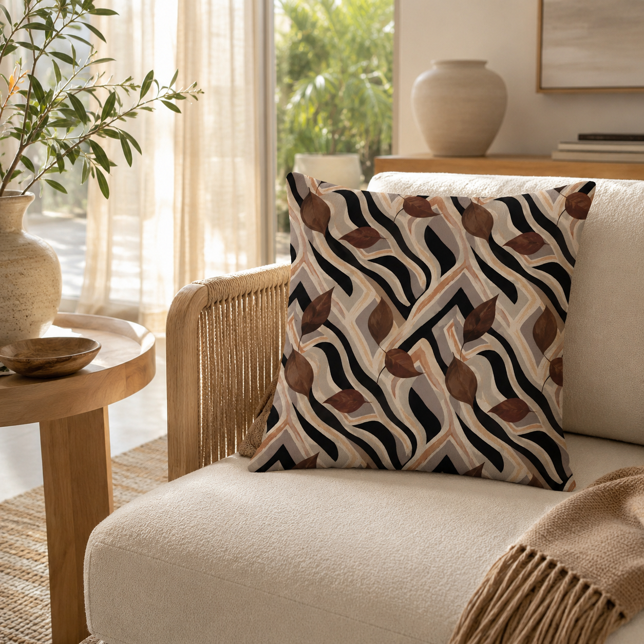 An abstract zebra stripe and brown leaf print pillow styled on a modern cream armchair with rattan woven armrests, set in a bright living room near a sunny window.