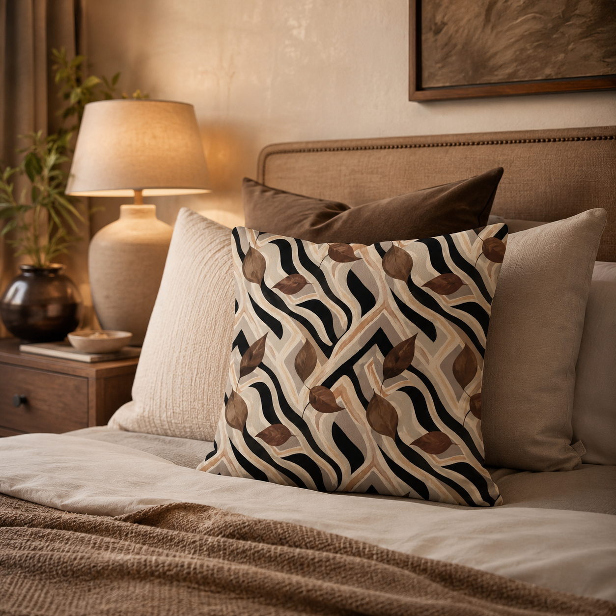 An abstract zebra stripe and brown autumn leaf accent pillow arranged on a cozy bed with a beige tufted headboard, neutral linens, and a glowing warm bedside lamp.