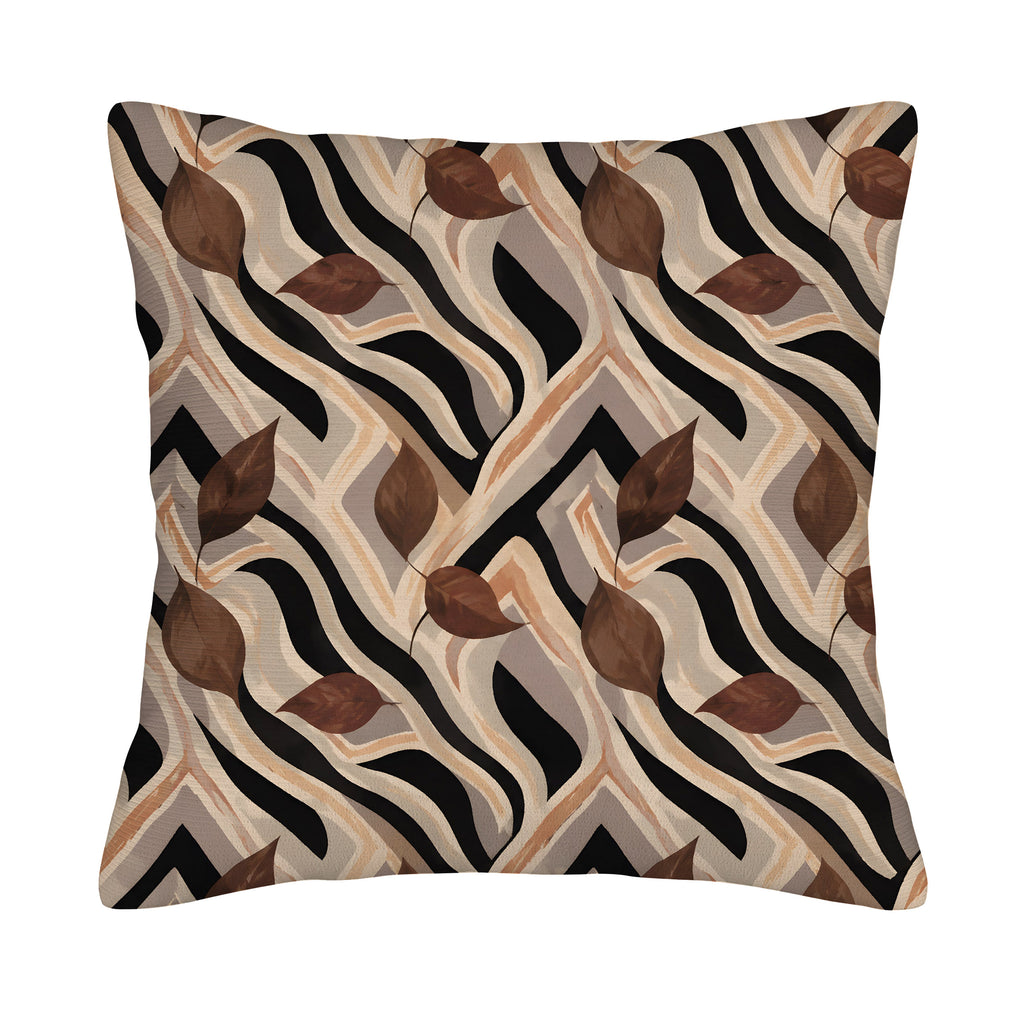A square decorative throw pillow cover isolated on a pure white background, featuring a modern abstract design with flowing black, beige, and cream zebra stripes interspersed with brown watercolor autumn leaves.