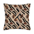 A square decorative throw pillow cover isolated on a pure white background, featuring a modern abstract design with flowing black, beige, and cream zebra stripes interspersed with brown watercolor autumn leaves.