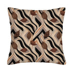 A square decorative throw pillow cover isolated on a pure white background, featuring a modern abstract design with flowing black, beige, and cream zebra stripes interspersed with brown watercolor autumn leaves.