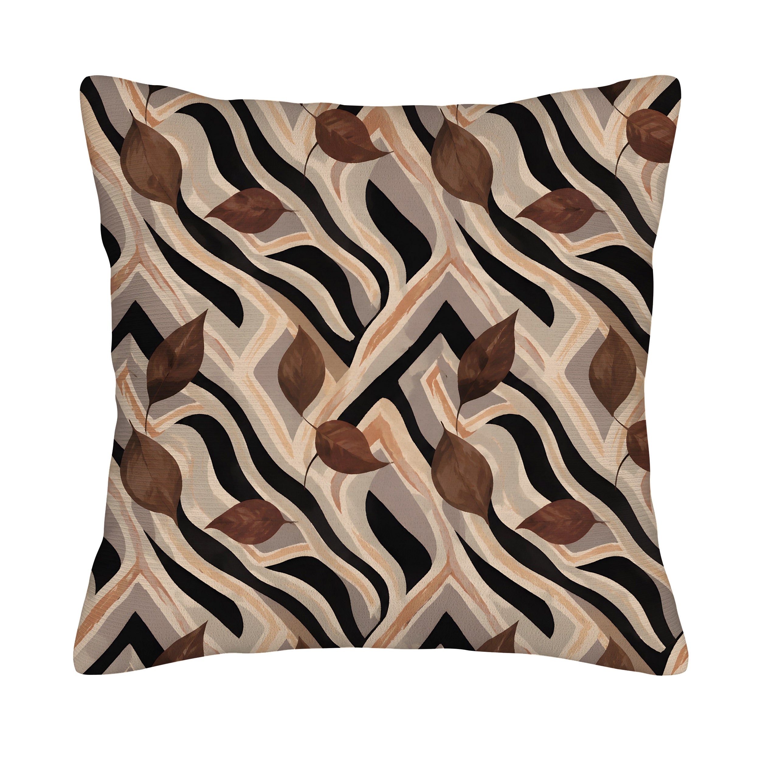 A square decorative throw pillow cover isolated on a pure white background, featuring a modern abstract design with flowing black, beige, and cream zebra stripes interspersed with brown watercolor autumn leaves.