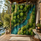 Nature adventure themed shower curtain styled in an open-air rustic bathroom overlooking a natural river.