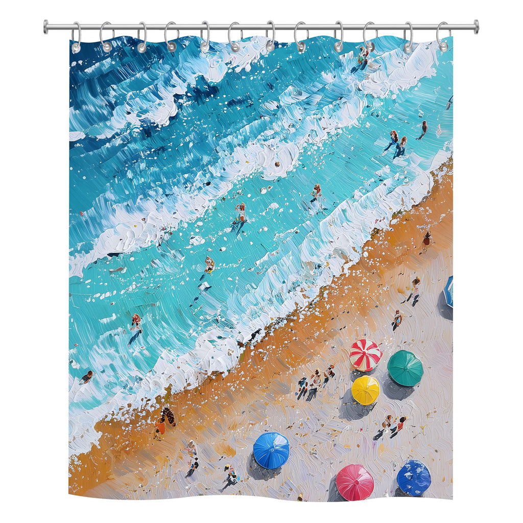 An isolated product shot of a rectangular shower curtain printed with a detailed impasto oil painting of a crowded summer beach from an aerial view.