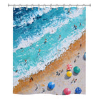 An isolated product shot of a rectangular shower curtain printed with a detailed impasto oil painting of a crowded summer beach from an aerial view.
