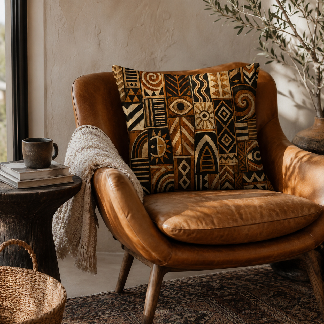 A rich brown african-inspired tribal pattern cushion styled on a classic tan leather armchair with a soft tasselled throw blanket and a dark wooden side table.