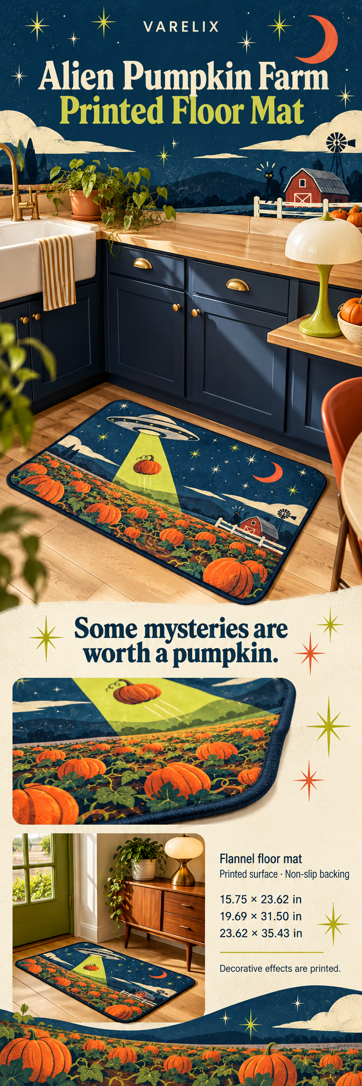 Alien Pumpkin Farm Printed Floor Mat by VARELIX, A+ detail poster with verified material, sizes and included items.