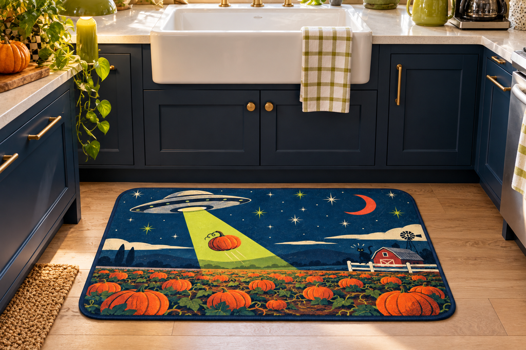 Alien Pumpkin Farm Printed Floor Mat, lifestyle view 2: One mat on the kitchen floor in front of a sink or coffee station, full printed surface readable, no furniture hiding the design.