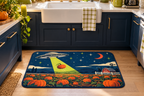 Alien Pumpkin Farm Printed Floor Mat, lifestyle view 2: One mat on the kitchen floor in front of a sink or coffee station, full printed surface readable, no furniture hiding the design.