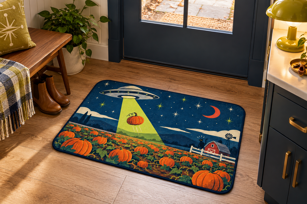 Alien Pumpkin Farm Printed Floor Mat, lifestyle view 3: One mat in a tidy indoor mudroom beside a small bench, photographed slightly above with realistic 16 by 24 inch scale.