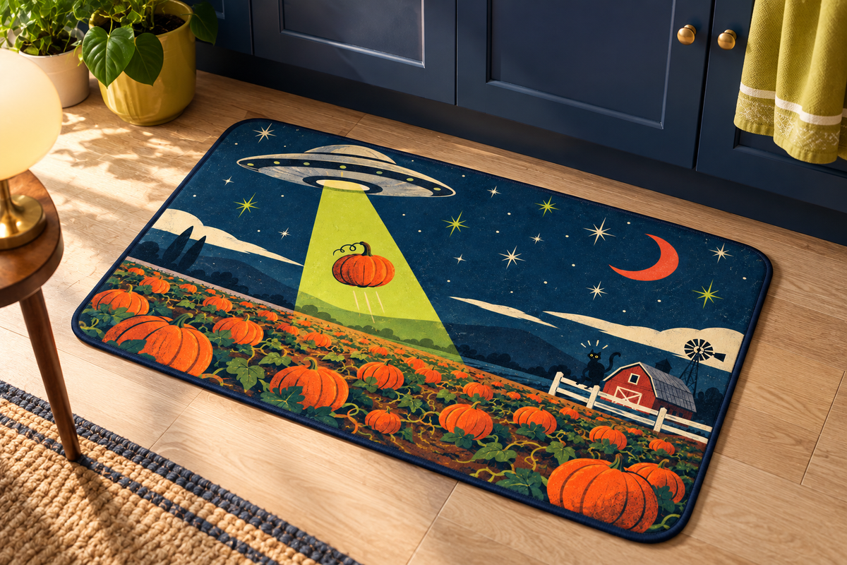 Alien Pumpkin Farm Printed Floor Mat, lifestyle view 4: Close overhead-oblique view of one mat on a clean pale-wood floor near a cabinet, all four corners in frame, soft side light reveals short flannel nap.
