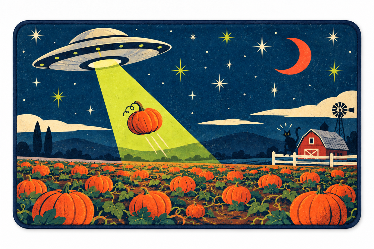Alien Pumpkin Farm Printed Floor Mat on a white background, showing the complete printed design.