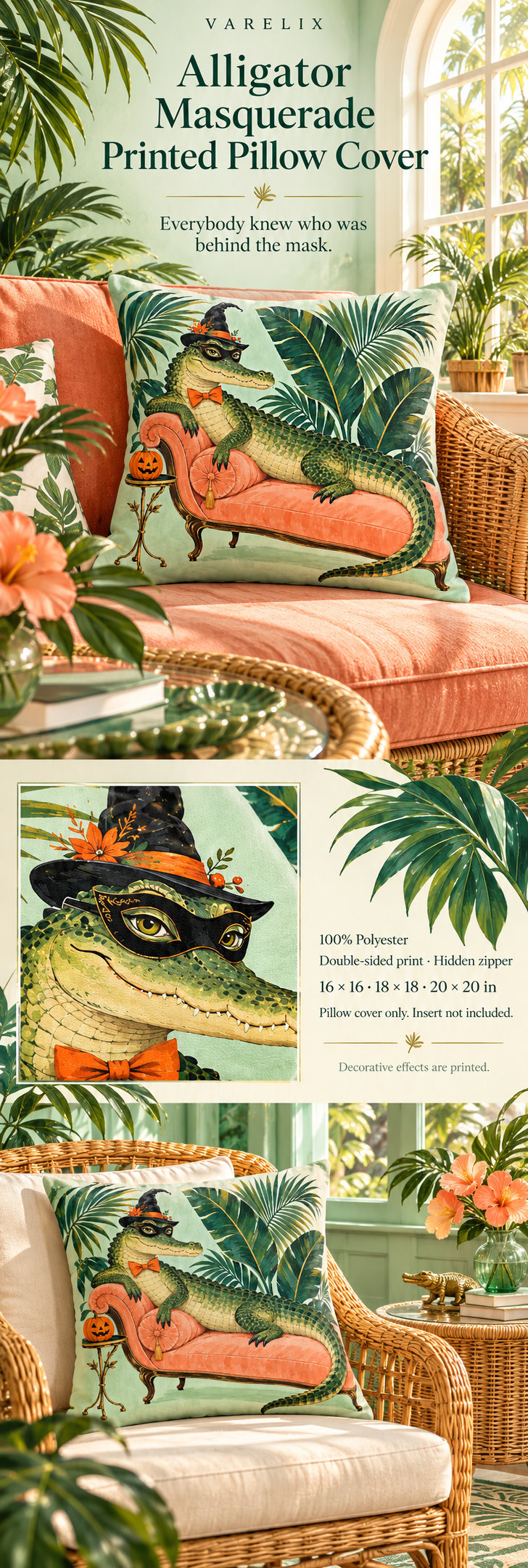 Alligator Masquerade Printed Pillow Cover by VARELIX, A+ detail poster with verified material, sizes and included items.