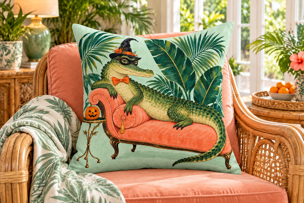 Alligator Masquerade Printed Pillow Cover, lifestyle view 1: Placed upright on an accent chair, nearly frontal with full print clearly visible; room-wide interior composition.