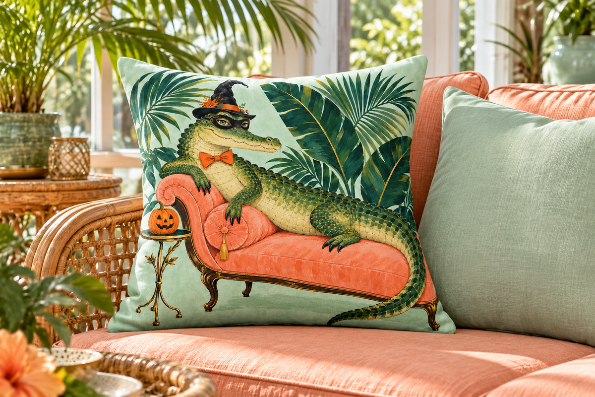 Alligator Masquerade Printed Pillow Cover, lifestyle view 2: A prominent single pillow on a sofa beside one plain solid-colored cushion; medium interior composition, product fills at least 40 percent of frame.