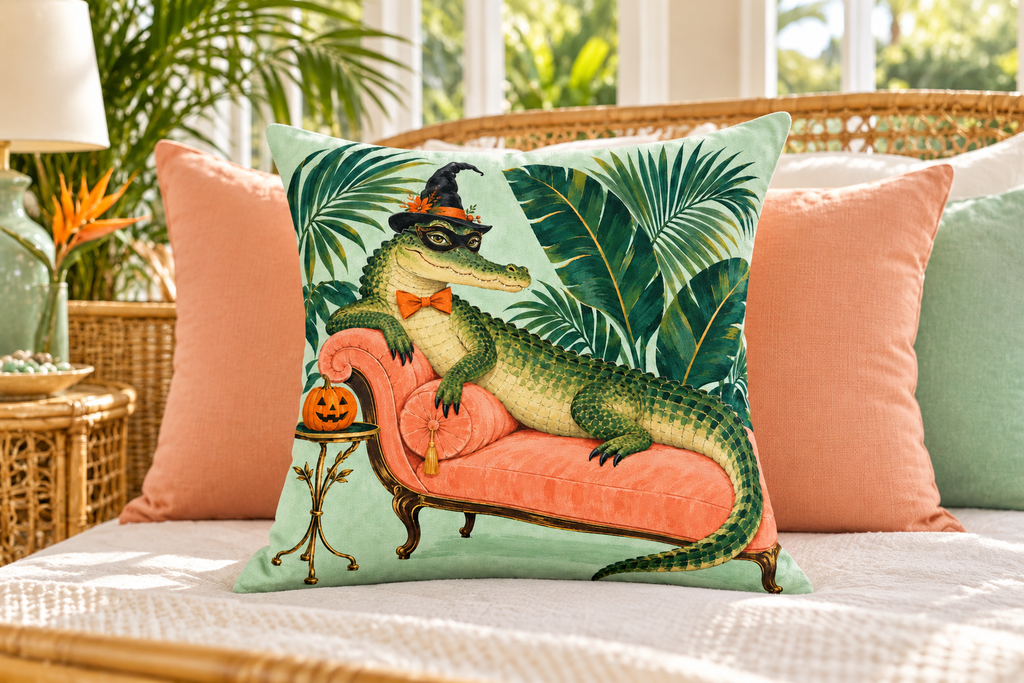 Alligator Masquerade Printed Pillow Cover, lifestyle view 3: Centered in front of plain pillows on a neatly made guest bed; eye-level composition, believable 18-inch pillow scale.