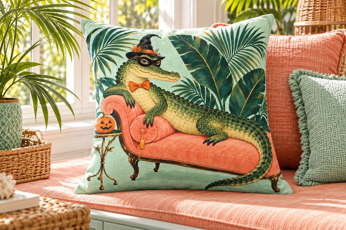 Alligator Masquerade Printed Pillow Cover, lifestyle view 4: Close editorial view on an indoor window bench, full pillow and all edges visible, gentle side light reveals the real textile texture.