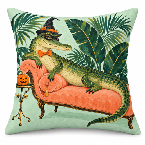 Alligator Masquerade Printed Pillow Cover on a white background, showing the complete printed design.