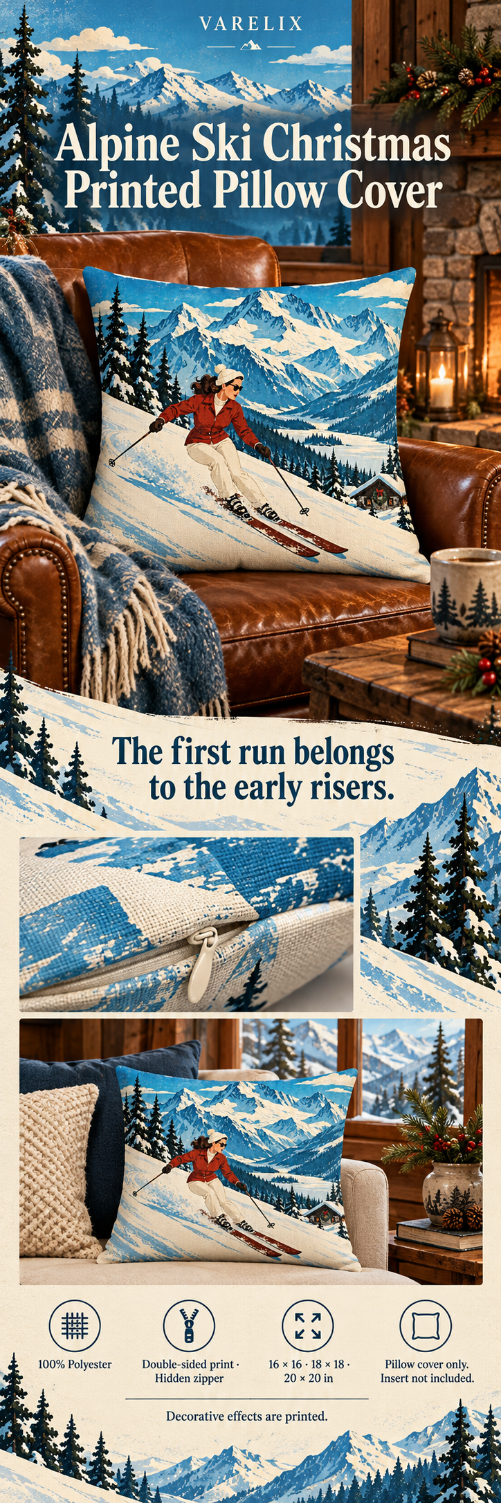 Alpine Ski Christmas Printed Pillow Cover by VARELIX, A+ detail poster with verified material, sizes and included items.