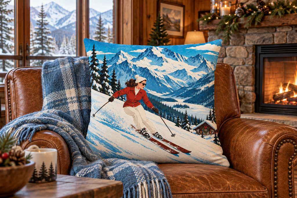 Alpine Ski Christmas Printed Pillow Cover, lifestyle view 1: Placed upright on an accent chair, nearly frontal with full print clearly visible; room-wide interior composition.
