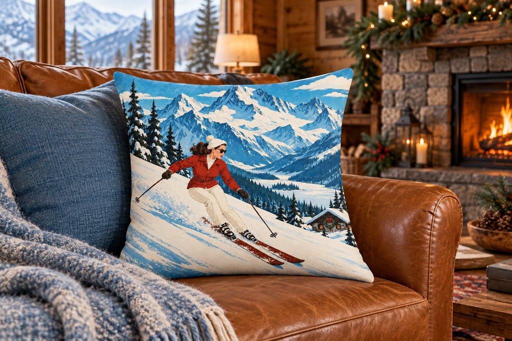 Alpine Ski Christmas Printed Pillow Cover, lifestyle view 2: A prominent single pillow on a sofa beside one plain solid-colored cushion; medium interior composition, product fills at least 40 percent of frame.