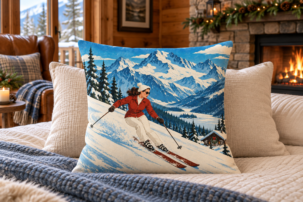 Alpine Ski Christmas Printed Pillow Cover, lifestyle view 3: Centered in front of plain pillows on a neatly made guest bed; eye-level composition, believable 18-inch pillow scale.
