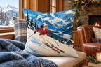Alpine Ski Christmas Printed Pillow Cover, lifestyle view 4: Close editorial view on an indoor window bench, full pillow and all edges visible, gentle side light reveals the real textile texture.