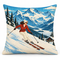 Alpine Ski Christmas Printed Pillow Cover on a white background, showing the complete printed design.