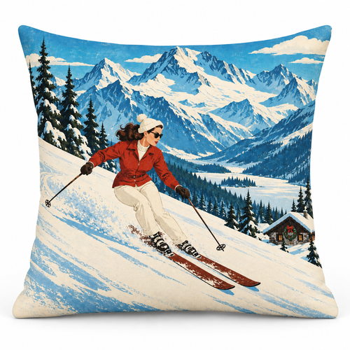 Alpine Ski Christmas Printed Pillow Cover on a white background, showing the complete printed design.