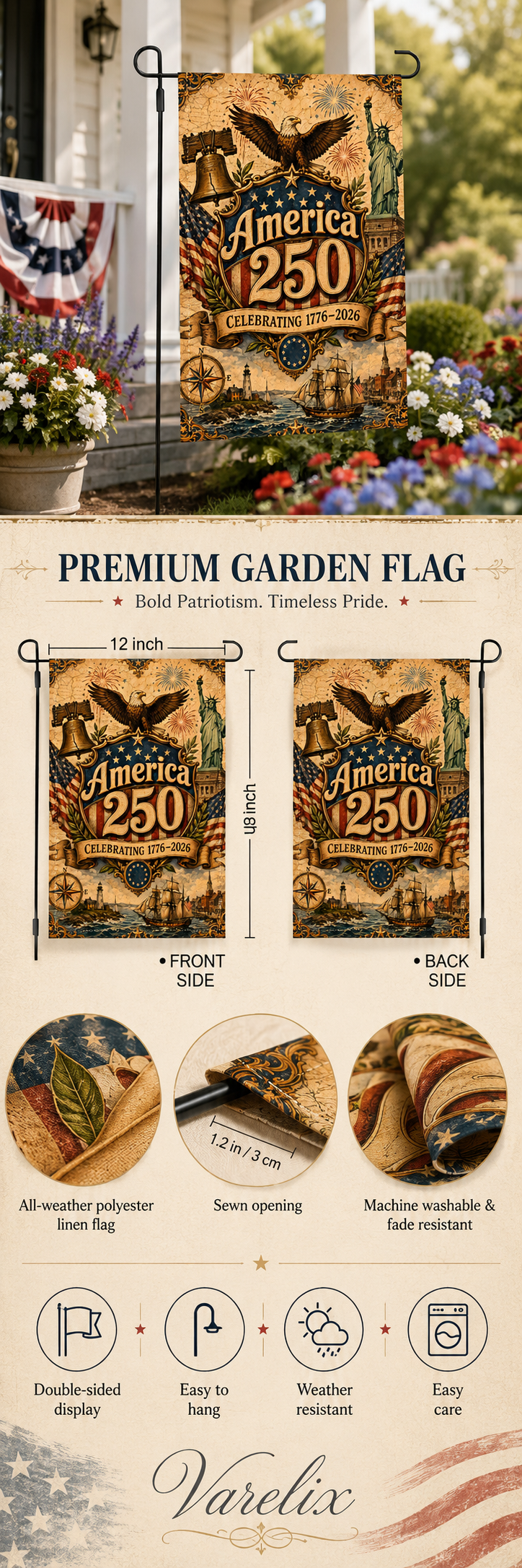Product infographic for the 12 by 48 inch vintage America 250 celebrating garden flag showing double sided features.