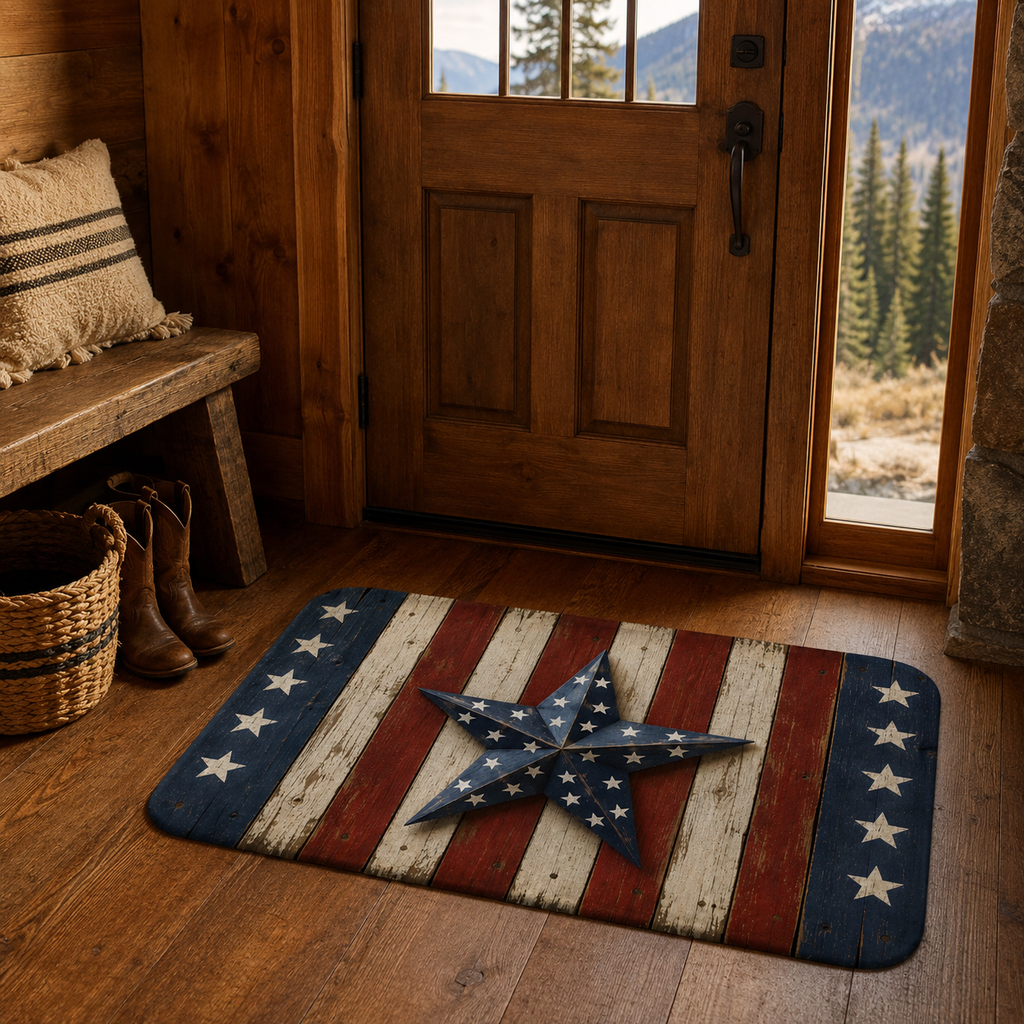 Rustic Americana stars and stripes doormat placed on a wooden floor by a cabin front door entry.