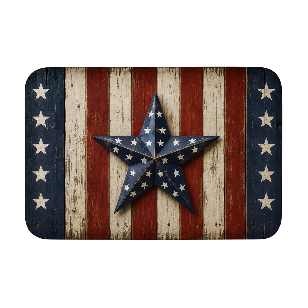 Rustic wooden board style Americana doormat with a large blue barn star and patriotic stripes.