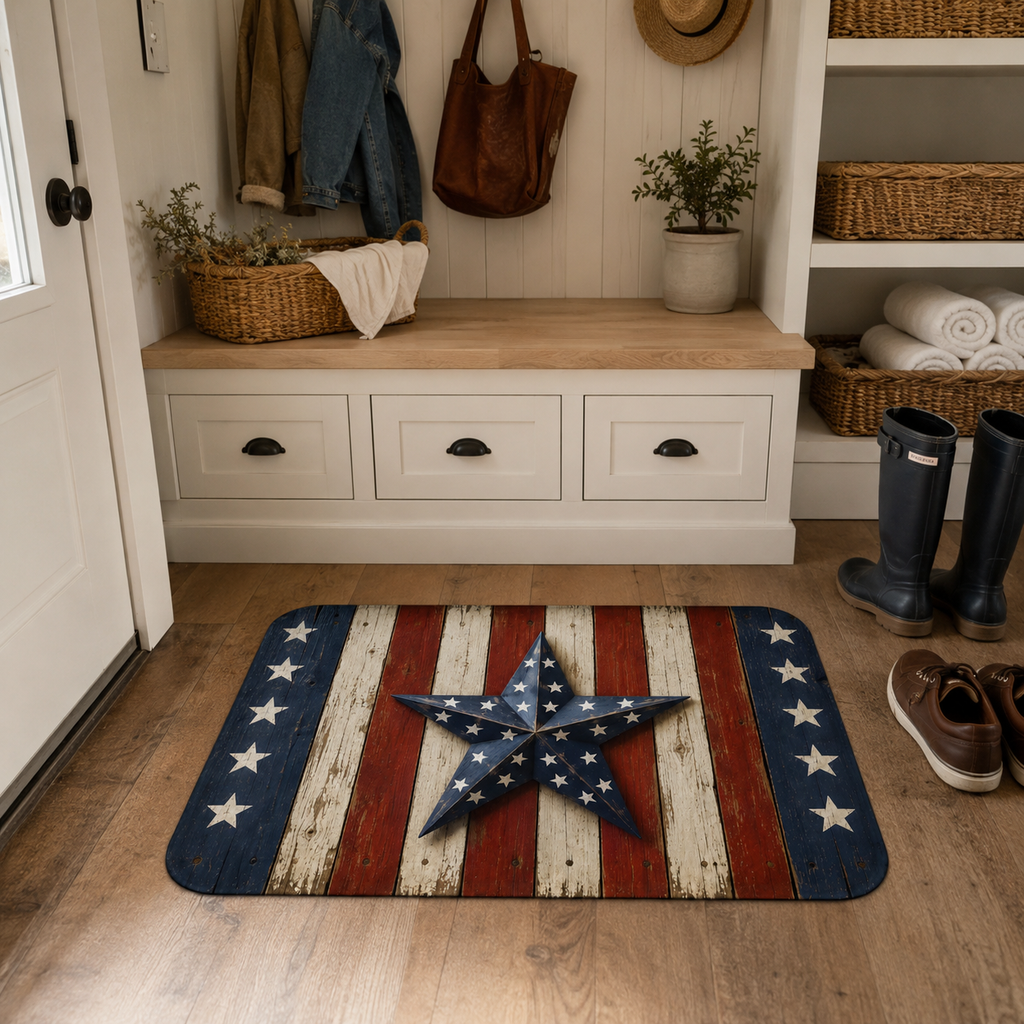 Patriotic stars and stripes floor mat in a white entryway mudroom next to a storage bench.