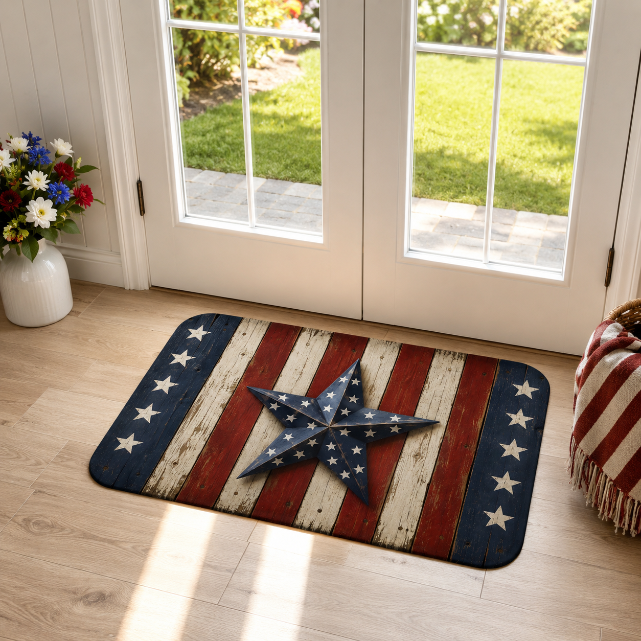 Rustic Americana barn wood doormat placed indoors in front of glass patio doors with sunlight.