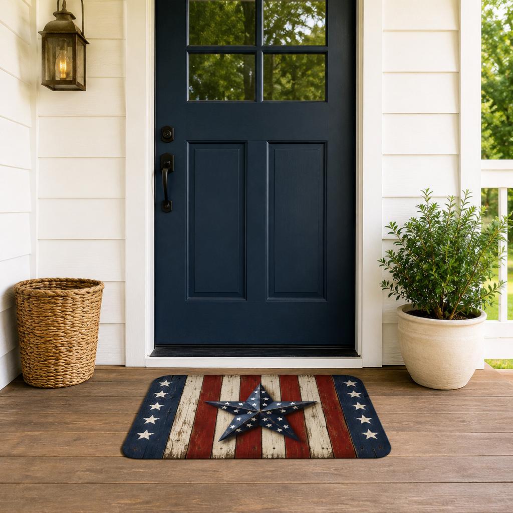 Stars and stripes patriotic doormat on a wooden front porch floor under a dark blue door.