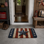 Rustic patriotic doormat styled on a concrete floor at a workshop entry with boots and tools.