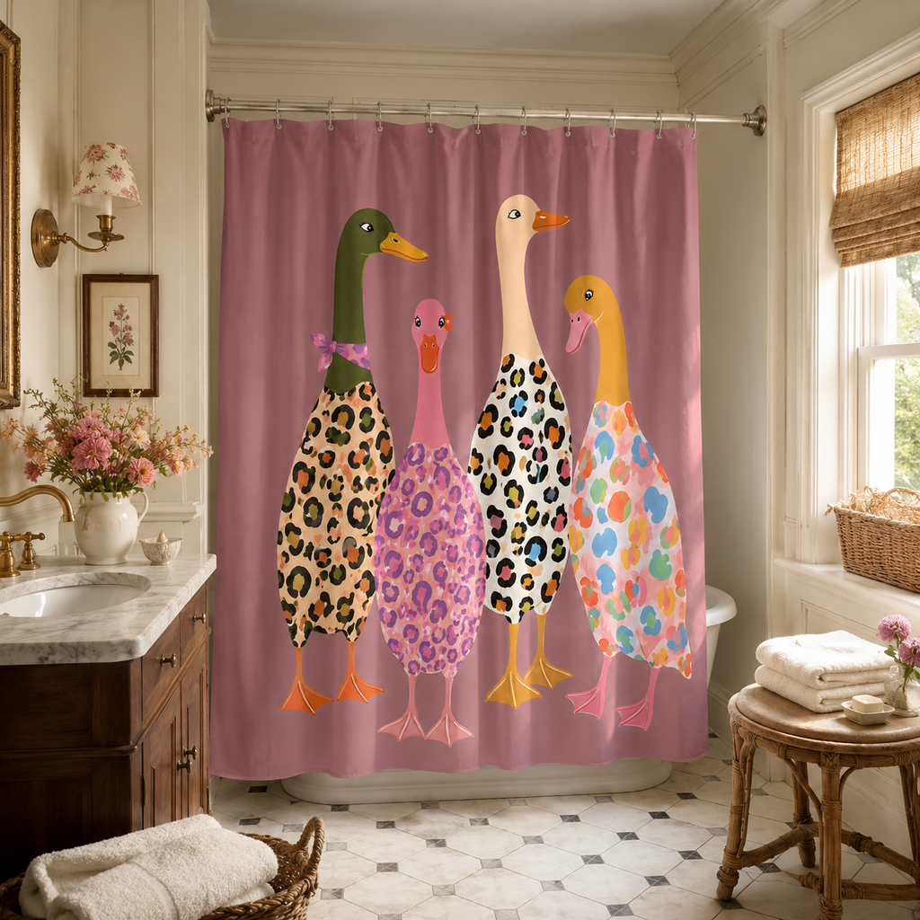 Trendy pink shower curtain with illustrated patterned ducks in a vintage-styled bathroom.