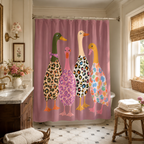 Trendy pink shower curtain with illustrated patterned ducks in a vintage-styled bathroom.