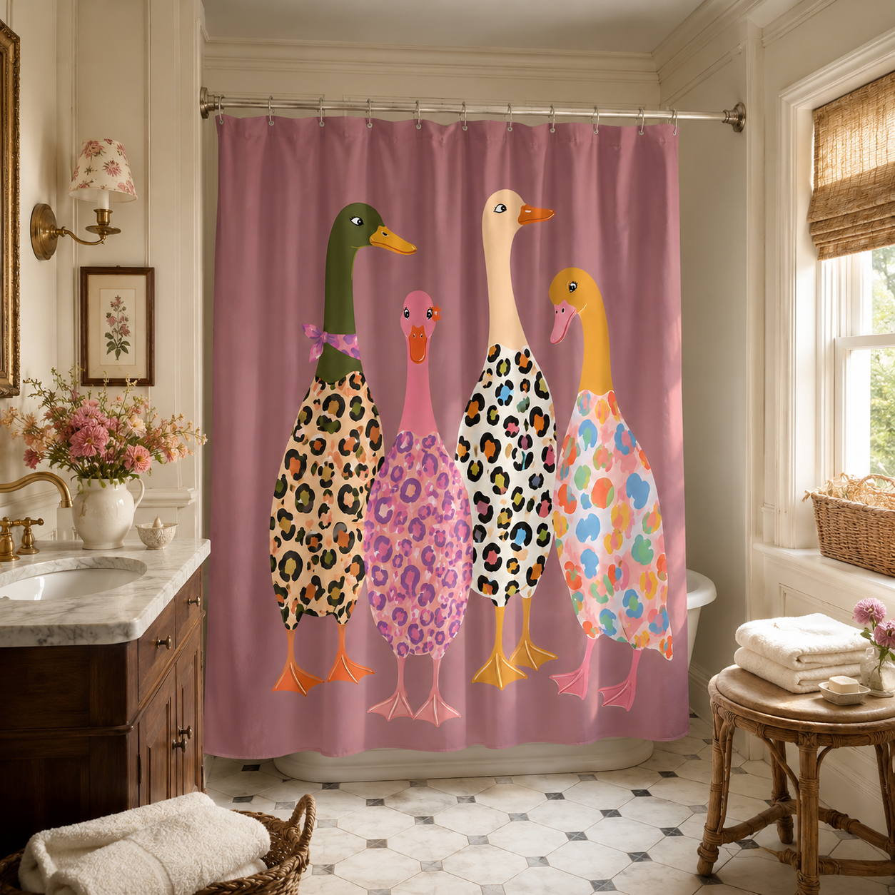 Trendy pink shower curtain with illustrated patterned ducks in a vintage-styled bathroom.