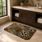 Animal print patchwork bath mat placed in front of a dark wood bathroom vanity.